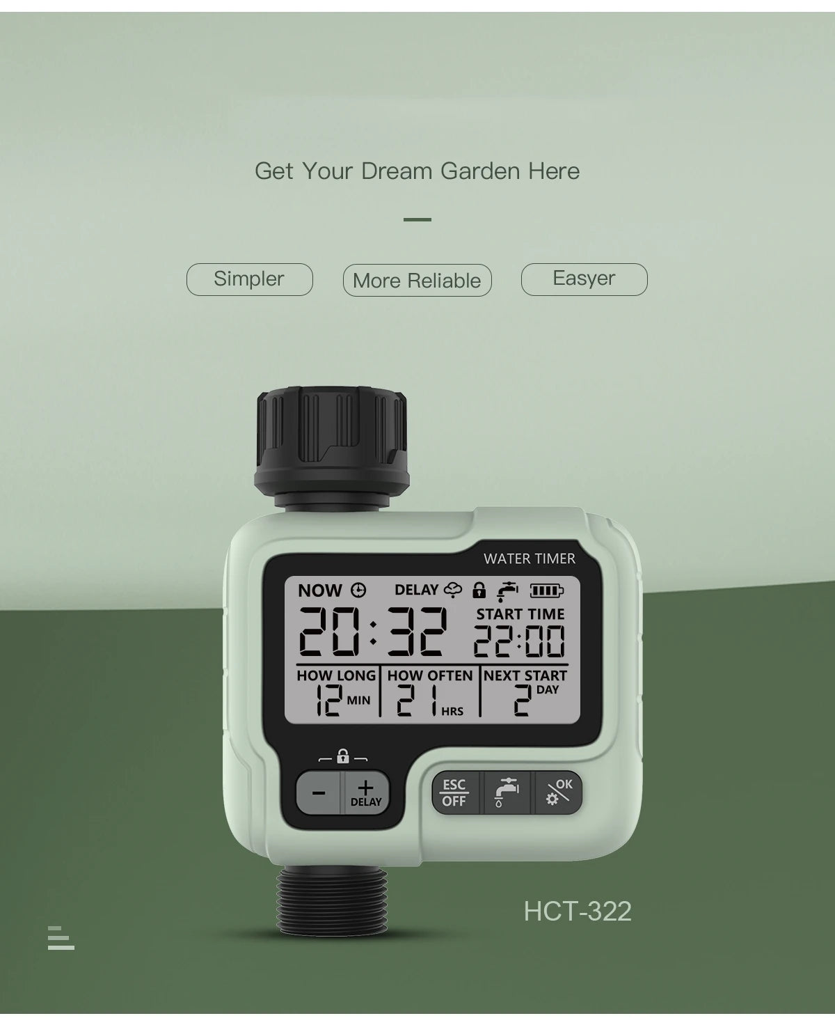 HCT-322 Automatic Water Timer Garden Digital Irrigation Machine Intelligent Sprinkler